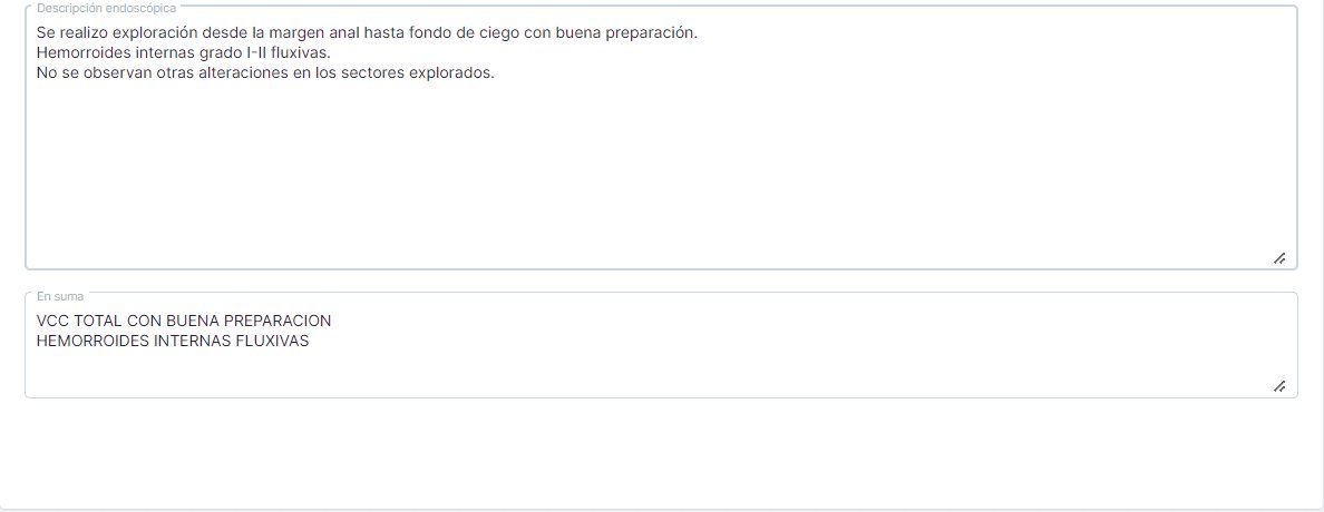 Pantalla de informe con descripción endoscópica y resumen